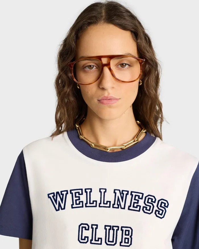 Sporty and Rich TShirts and Tops Women Wellness Club Color Block Cropped Tee 8211 WhiteNavy