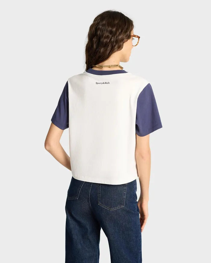 Sporty and Rich TShirts and Tops Women Wellness Club Color Block Cropped Tee 8211 WhiteNavy