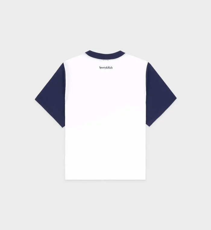 Sporty and Rich TShirts and Tops Women Wellness Club Color Block Cropped Tee 8211 WhiteNavy