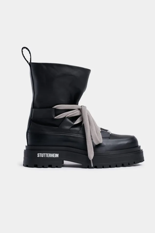 Stutterheim Lace Walker Leather Black Women Lace Up Boots