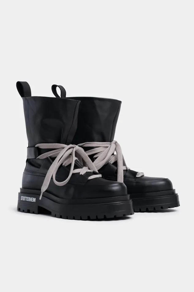 Stutterheim Lace Walker Leather Black Women Lace Up Boots