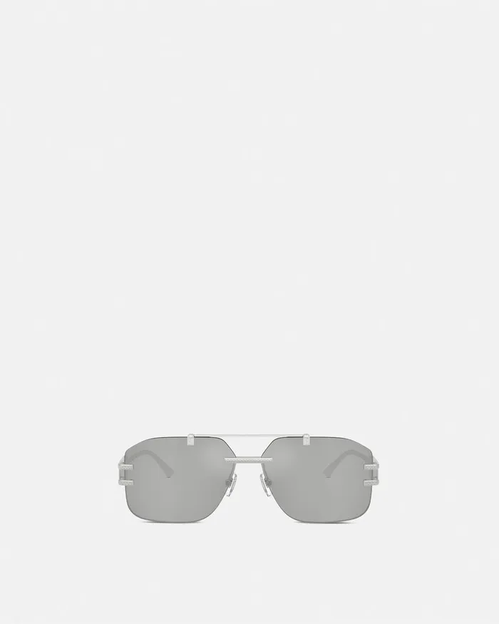Sunglasses Men Versace Damier Plaque Sunglasses Silver