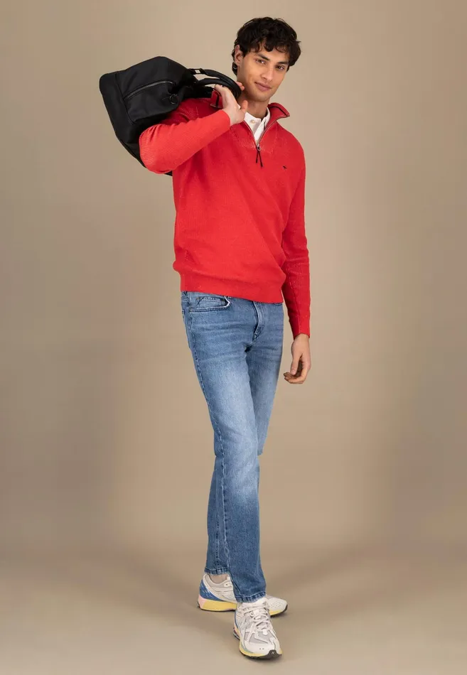 Sweater Men FYNCHHATTON Knitting Sweaters With A Troyer Collar And Logodail New Offwhitepoppy Rednavy