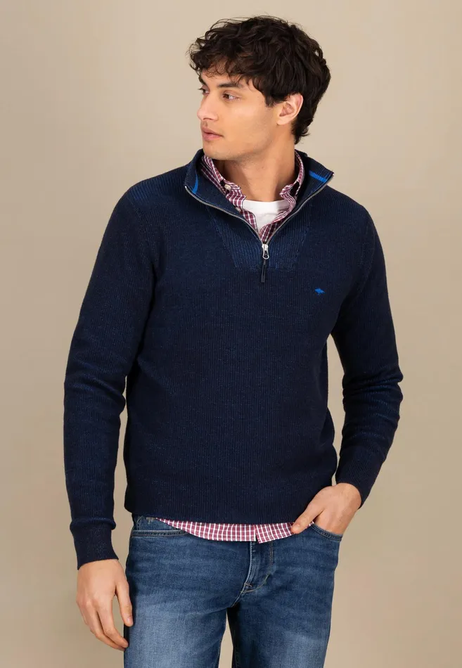 Sweater Men FYNCHHATTON Knitting Sweaters With A Troyer Collar And Logodail New Offwhitepoppy Rednavy