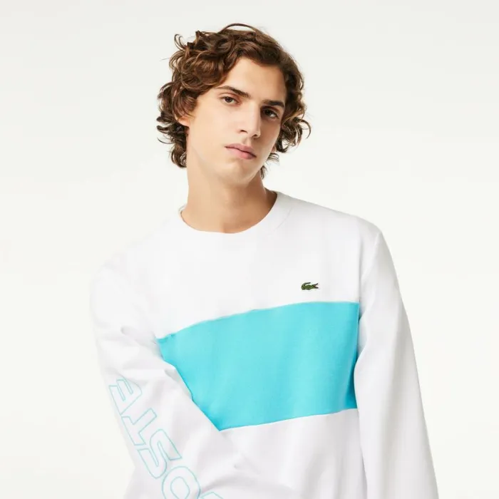Sweaters and Sweatshirts Men Lacoste Men039s Classic Fit 3D Print Colorblock Sweatshirt White Blue Ri6
