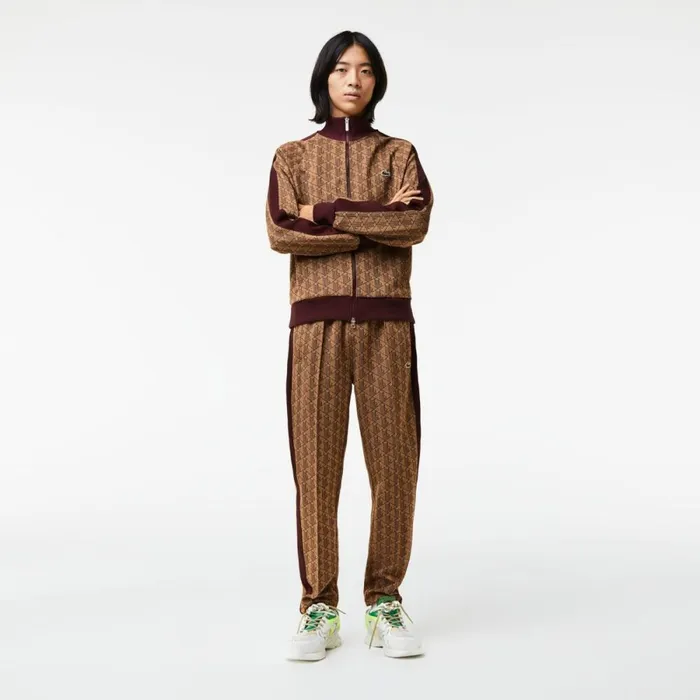 Sweaters and Sweatshirts Men Lacoste Men039s Regular Fit Monogram ZipUp Sweatshirt Beige Bordeaux Mkj