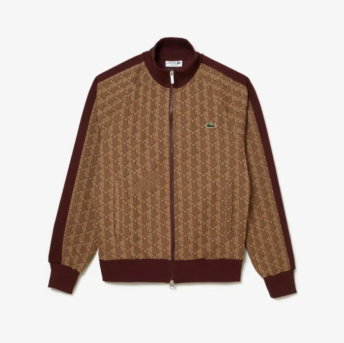 Sweaters and Sweatshirts Men Lacoste Men039s Regular Fit Monogram ZipUp Sweatshirt Beige Bordeaux Mkj