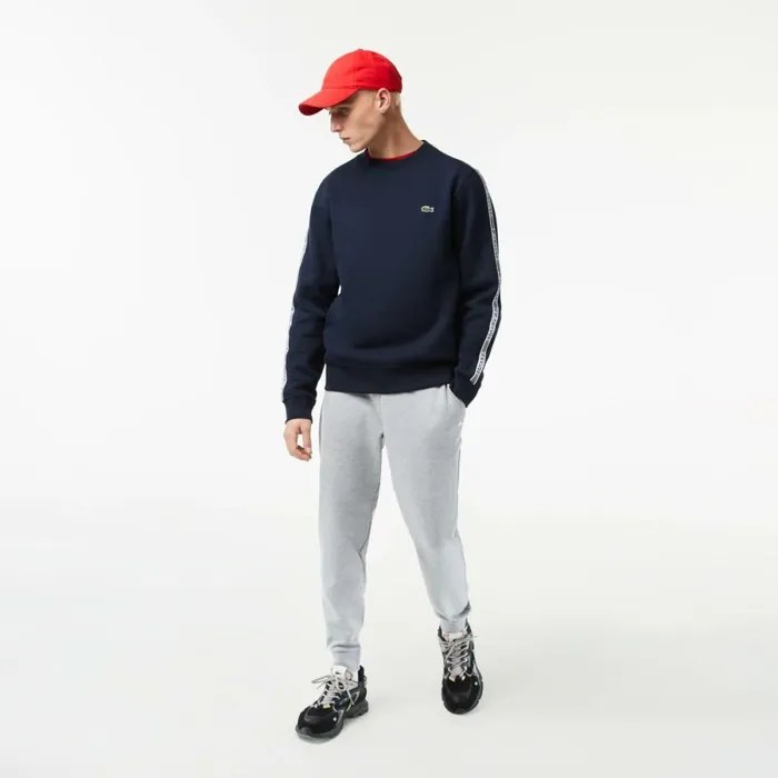Sweaters and Sweatshirts Men Lacoste Mens Classic Fit Logo Stripe Flannel Sweatshirt Navy Blue 166