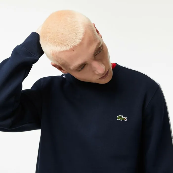 Sweaters and Sweatshirts Men Lacoste Mens Classic Fit Logo Stripe Flannel Sweatshirt Navy Blue 166