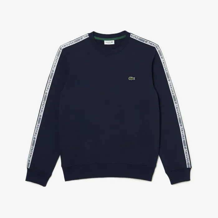 Sweaters and Sweatshirts Men Lacoste Mens Classic Fit Logo Stripe Flannel Sweatshirt Navy Blue 166