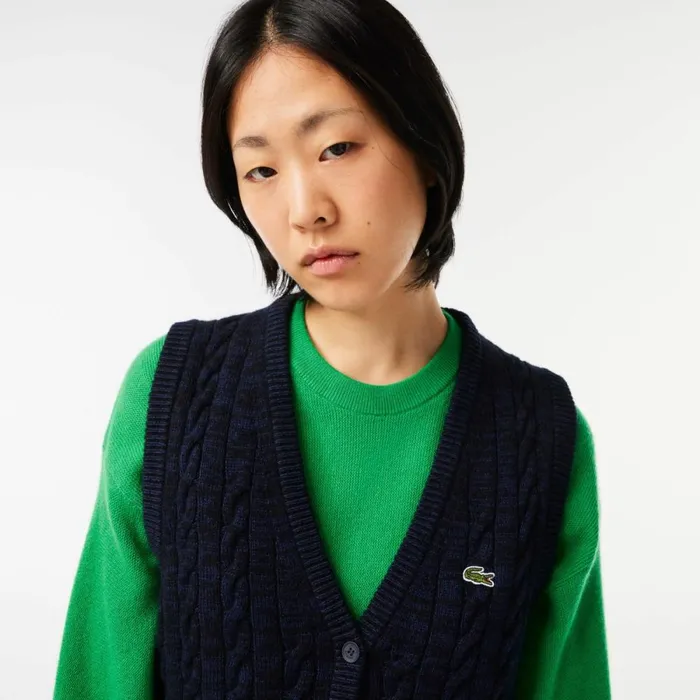 Sweaters and Sweatshirts Women Lacoste Women039s Sleeveless Cable Knit Cotton and Wool Blend Vest Navy Blue L6l