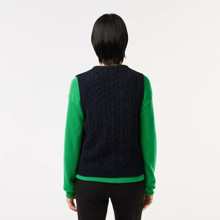 Sweaters and Sweatshirts Women Lacoste Women039s Sleeveless Cable Knit Cotton and Wool Blend Vest Navy Blue L6l