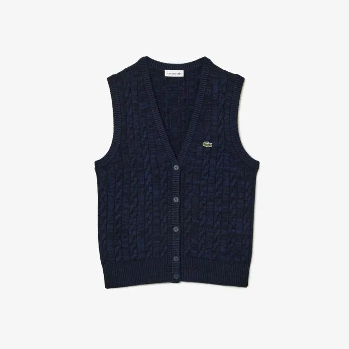 Sweaters and Sweatshirts Women Lacoste Women039s Sleeveless Cable Knit Cotton and Wool Blend Vest Navy Blue L6l