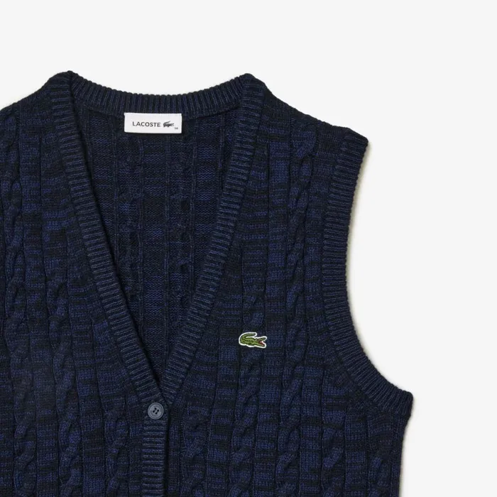 Sweaters and Sweatshirts Women Lacoste Women039s Sleeveless Cable Knit Cotton and Wool Blend Vest Navy Blue L6l