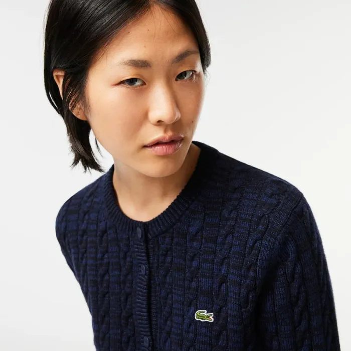 Sweaters and Sweatshirts Women Lacoste Women039s Wool Blend Cable Knit Cardigan Navy Blue L6l