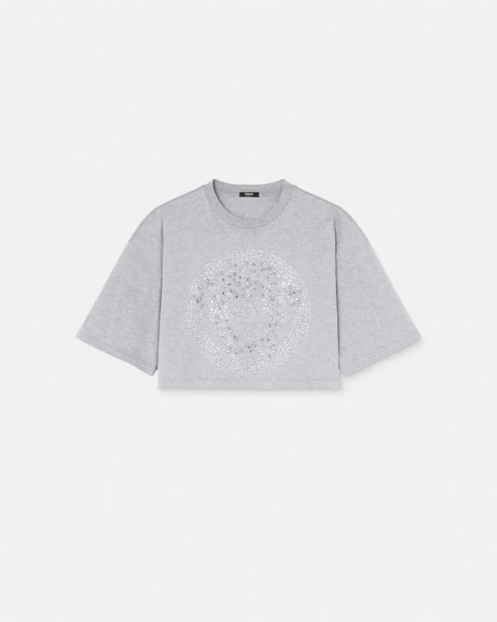 TShirts and Sweatshirts Women Versace Crystal Medusa Crop Boxy TShirt Gray