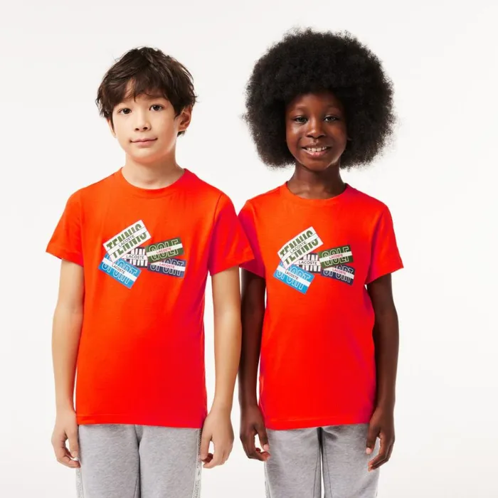 TShirts and Tops Kids Lacoste Kids039 Cotton Badge Print TShirt Sunrise Orange Sji TShirts and Tops Kids Lacoste Kids039 Cotton Badge Print TShirt Sunrise Orange Sji