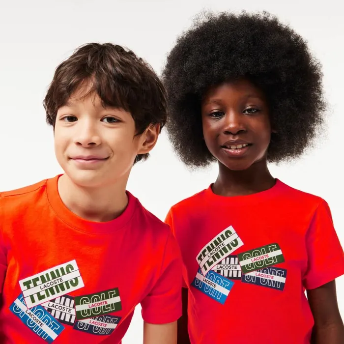 TShirts and Tops Kids Lacoste Kids039 Cotton Badge Print TShirt Sunrise Orange Sji