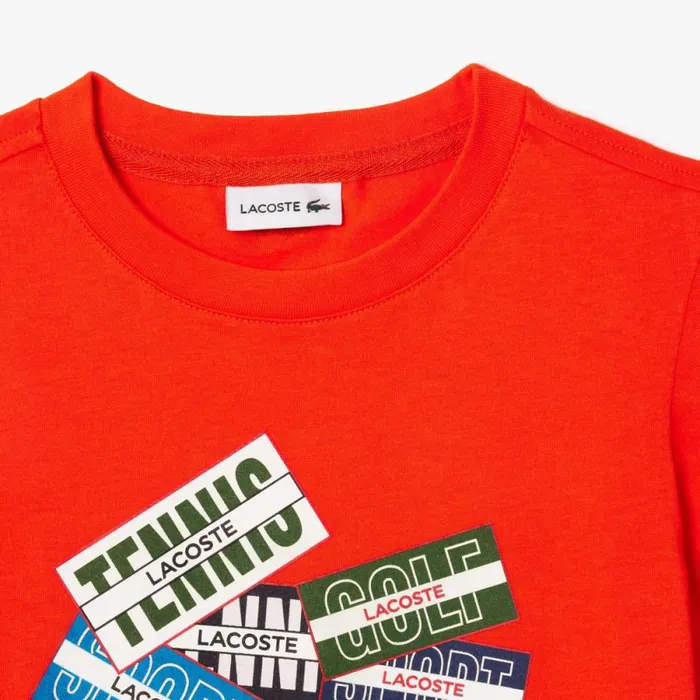 TShirts and Tops Kids Lacoste Kids039 Cotton Badge Print TShirt Sunrise Orange Sji