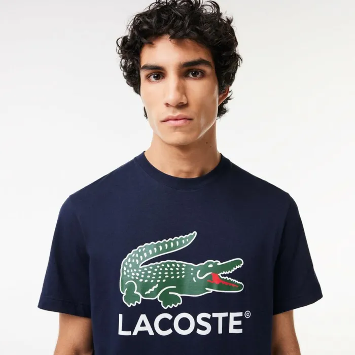 TShirts Men Lacoste Men039s Cotton Jersey Signature Print TShirt Navy Blue 166