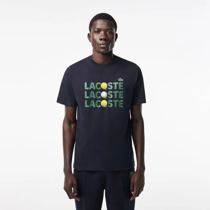 TShirts Men Lacoste Men039s Heavy Cotton Tennis Ball Print TShirt Abysm Blue Hde