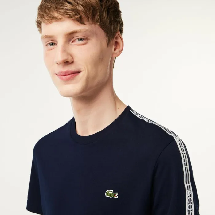 TShirts Men Lacoste Mens Regular Fit Logo Stripe TShirt Navy Blue 166