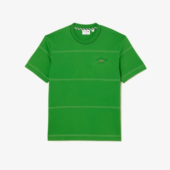 TShirts Men Lacoste Mens Striped Organic Cotton Jersey TShirt Tarragon Green L94