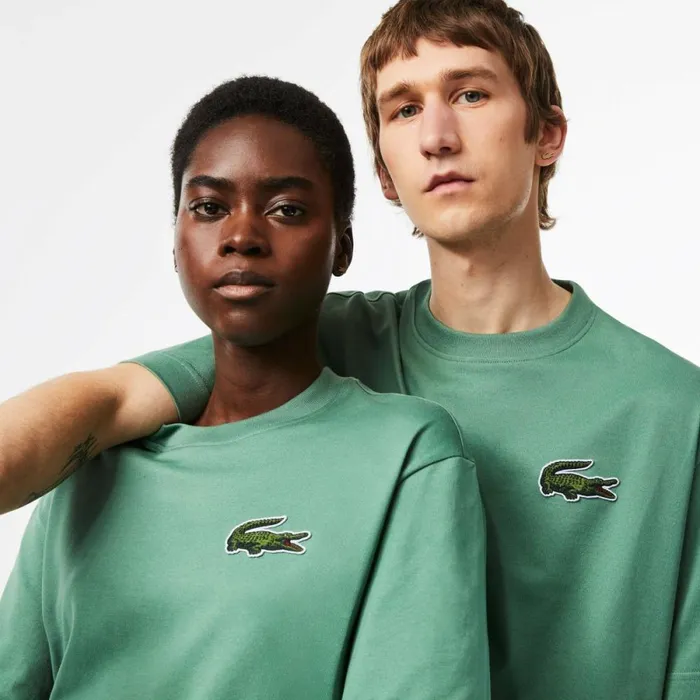 TShirts MenWomen Lacoste Unisex Loose Fit Large Croc Organic Heavy Cotton TShirt Khaki Green Kx5