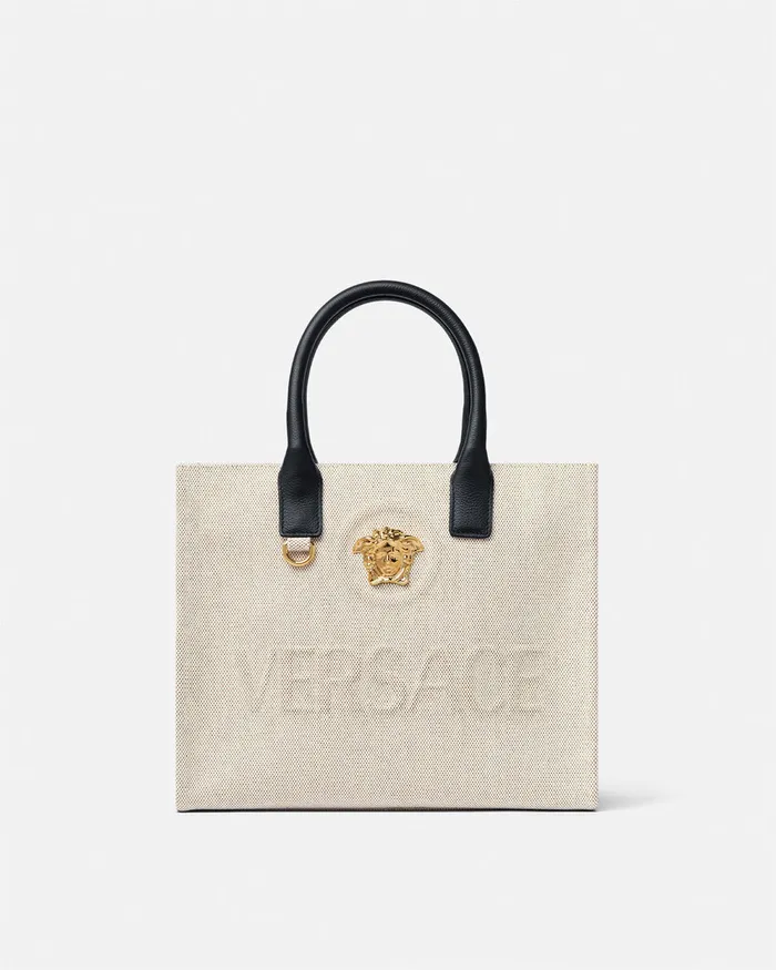 Totes Women Versace La Medusa Canvas Small Tote Bag Beige