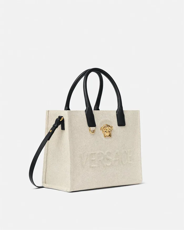 Totes Women Versace La Medusa Canvas Small Tote Bag Beige