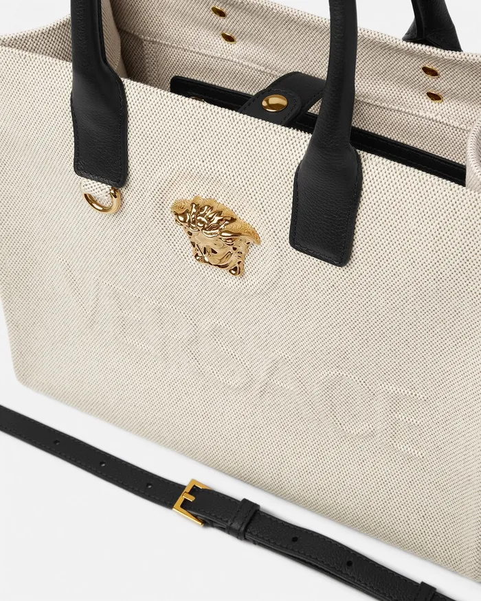 Totes Women Versace La Medusa Canvas Small Tote Bag Beige