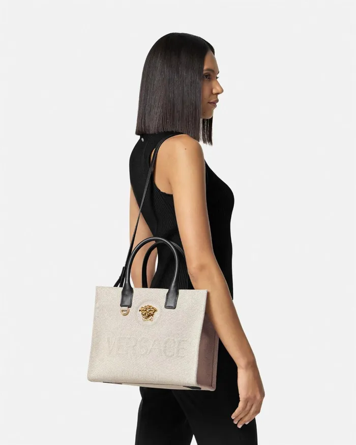 Totes Women Versace La Medusa Canvas Small Tote Bag Beige