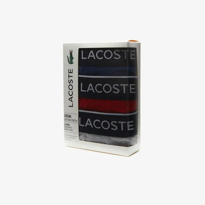 Underwear and Socks Men Lacoste Mens Branded Waist Long Stretch Cotton Boxer Brief 3Pack Navy Blue Grey Chine Red W3t
