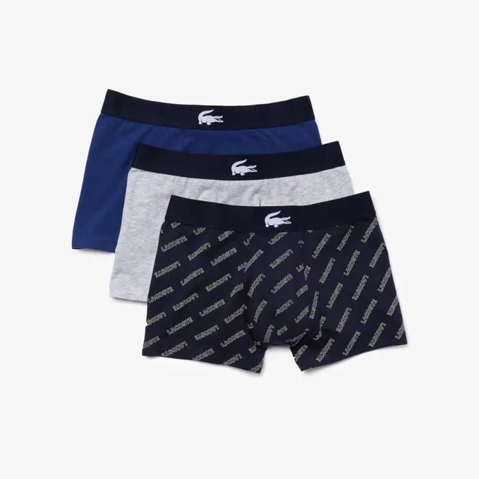 Underwear and Socks Men Lacoste Mens Stretch Cotton Trunk 3Pack Navy Blue White Grey Chine Navy Blue Bck