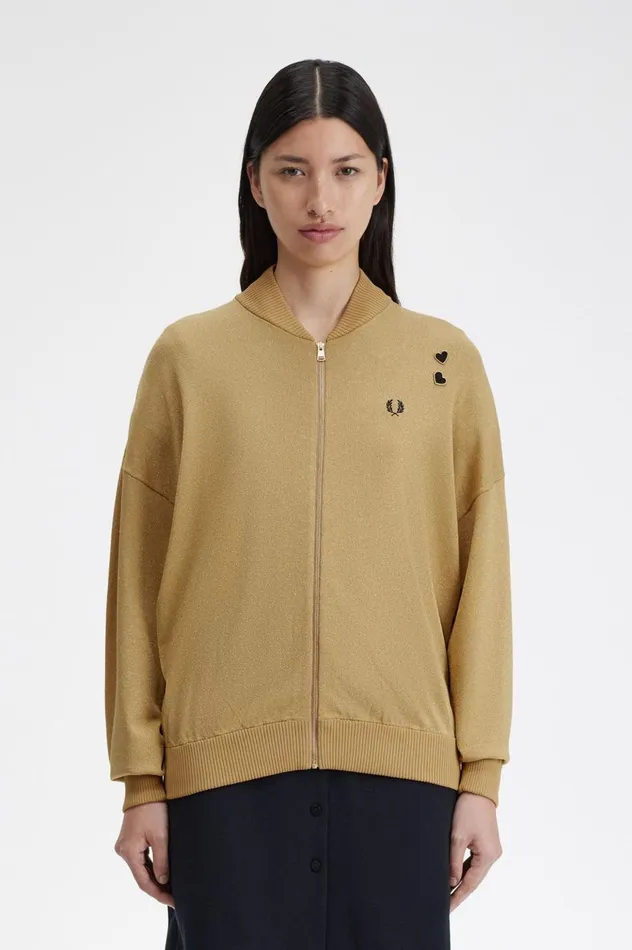 Women Amy Winehouse FoundationMetallic Knitted Bomber Jacket 1964 Gold Fred Perry Coats and Jackets