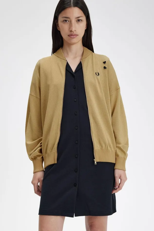 Women Amy Winehouse FoundationMetallic Knitted Bomber Jacket 1964 Gold Fred Perry Coats and Jackets