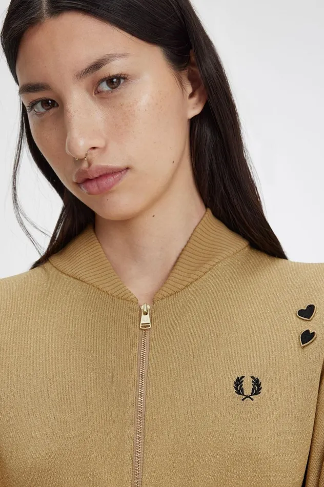 Women Amy Winehouse FoundationMetallic Knitted Bomber Jacket 1964 Gold Fred Perry Coats and Jackets