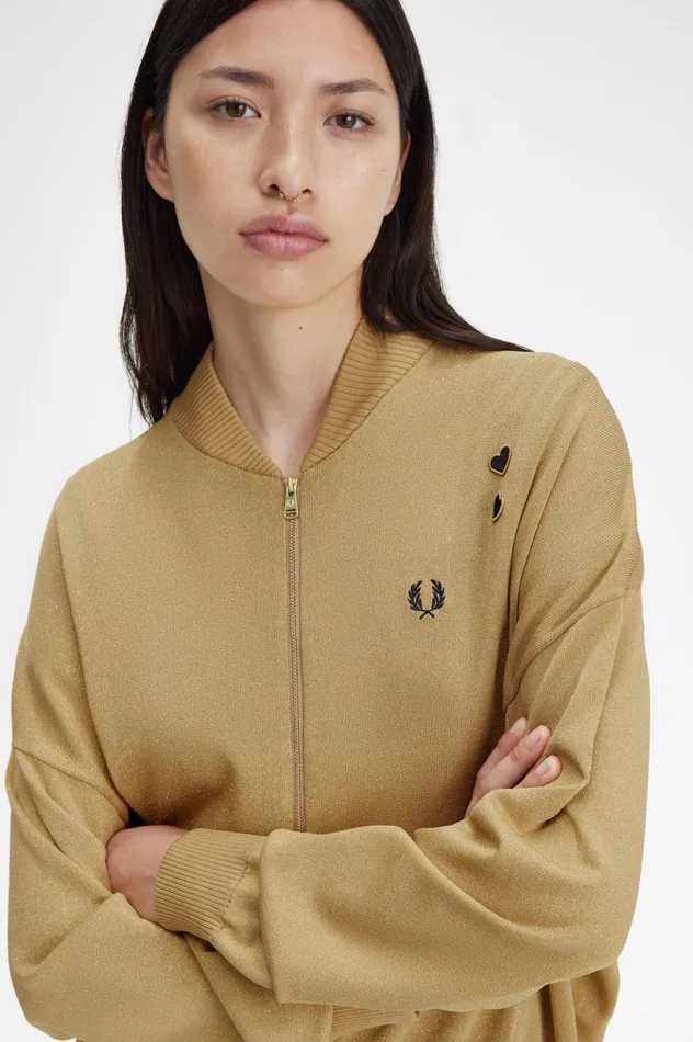 Women Amy Winehouse FoundationMetallic Knitted Bomber Jacket 1964 Gold Fred Perry Coats and Jackets