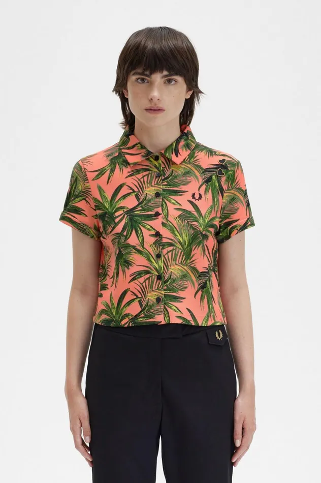 Women Amy Winehouse FoundationPalm Print Piqu Shirt Coral Heat Fred Perry Polo Shirts