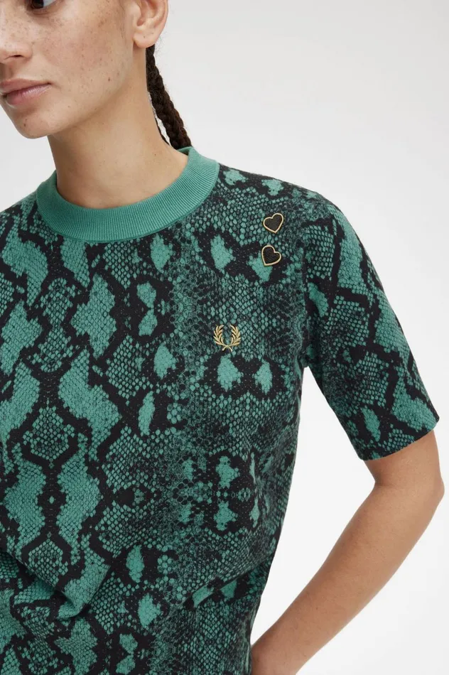 Women Amy Winehouse FoundationSnake Print Jumper Deep Mint Fred Perry Knitwear