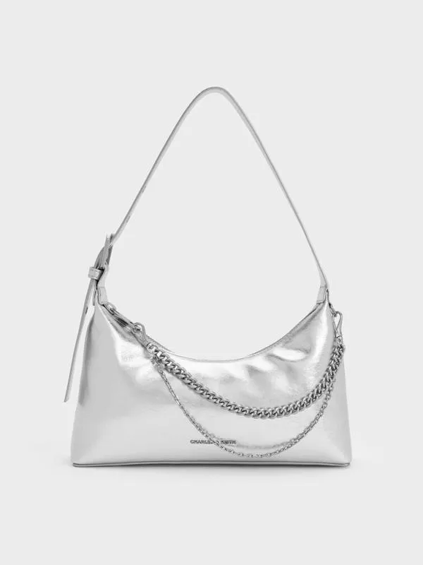 Women Atwood CrinkleEffect ChainEmbellished Hobo Bag 8211 Silver CHARLES and KEITH Hobo Bags Women Atwood CrinkleEffect ChainEmbellished Hobo Bag 8211 Silver CHARLES and KEITH Hobo Bags