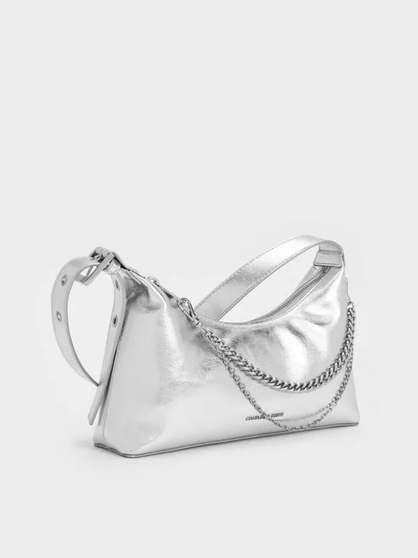 Women Atwood CrinkleEffect ChainEmbellished Hobo Bag 8211 Silver CHARLES and KEITH Hobo Bags