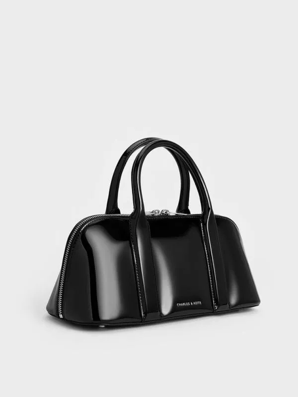 Women Axel Patent Elongated Bowling Bag 8211 Black CHARLES and KEITH Crossbody Bags