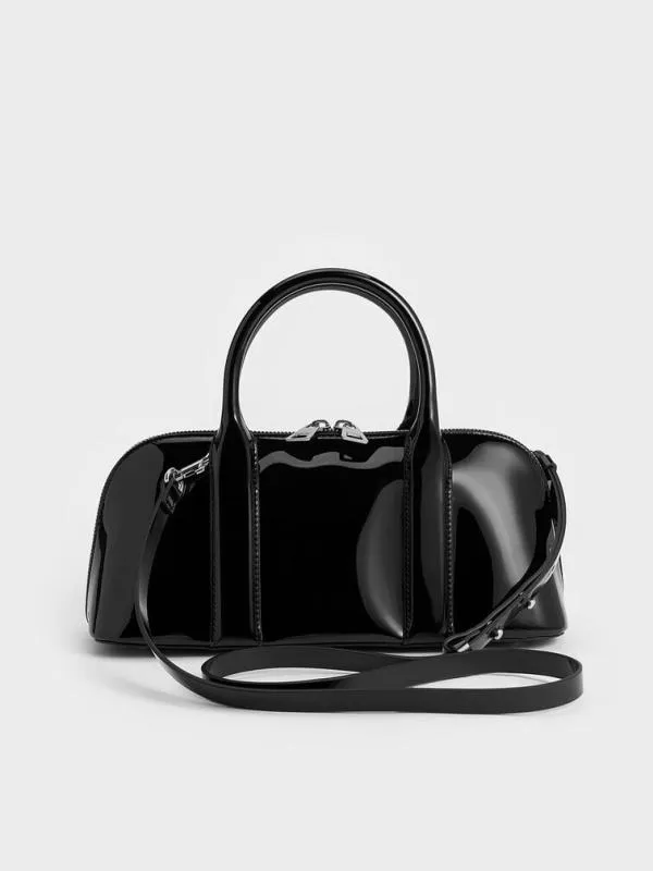 Women Axel Patent Elongated Bowling Bag 8211 Black CHARLES and KEITH Crossbody Bags