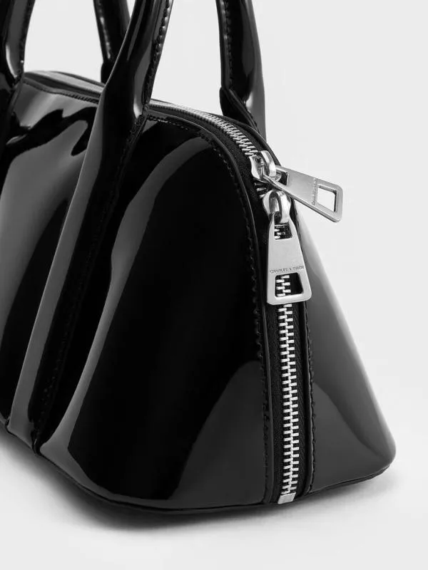 Women Axel Patent Elongated Bowling Bag 8211 Black CHARLES and KEITH Crossbody Bags