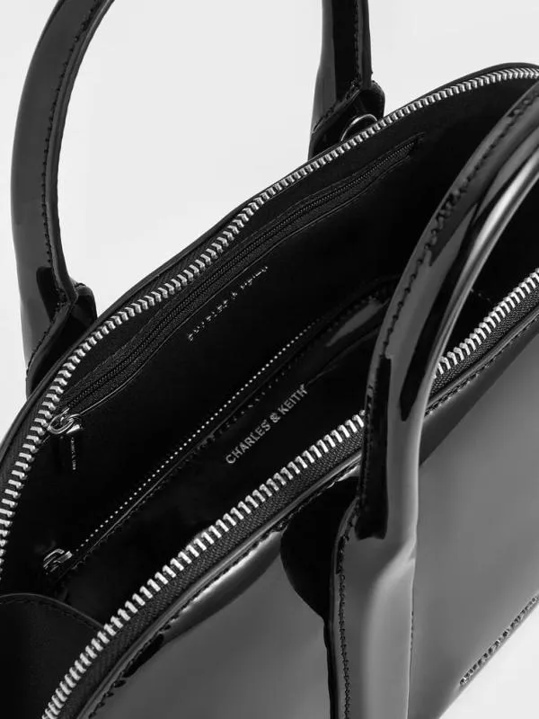 Women Axel Patent Elongated Bowling Bag 8211 Black CHARLES and KEITH Crossbody Bags