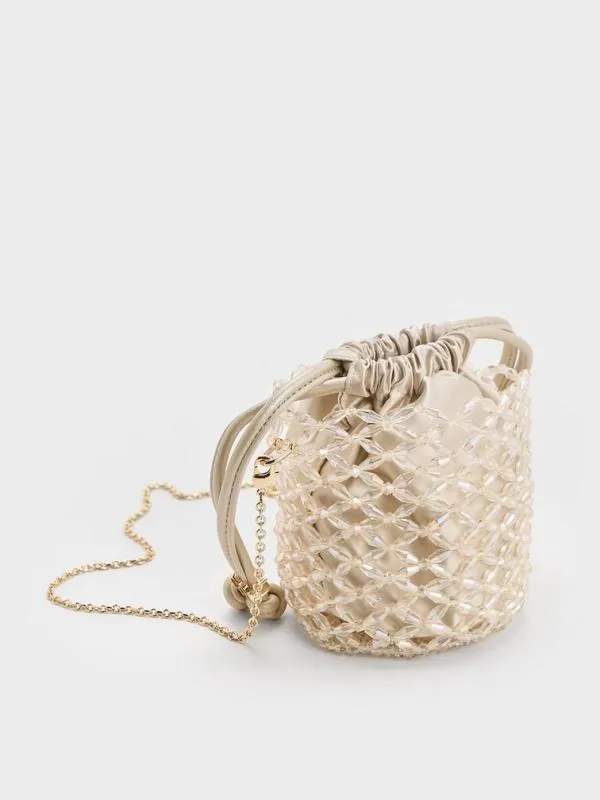 Women Beaded ChainHandle Bucket Bag 8211 Champagne CHARLES and KEITH Bucket Bags