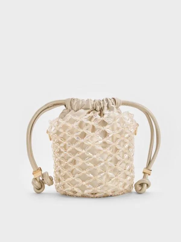 Women Beaded ChainHandle Bucket Bag 8211 Champagne CHARLES and KEITH Bucket Bags