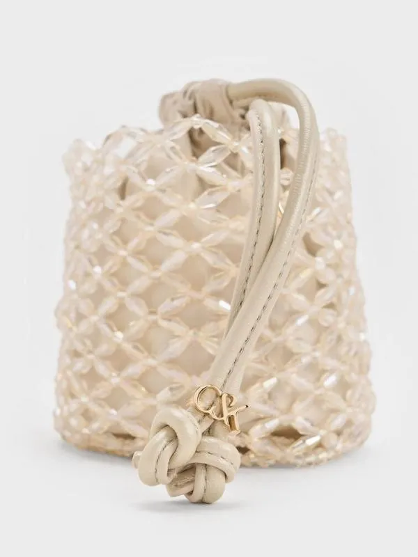 Women Beaded ChainHandle Bucket Bag 8211 Champagne CHARLES and KEITH Bucket Bags
