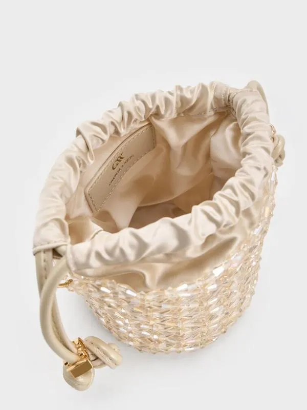 Women Beaded ChainHandle Bucket Bag 8211 Champagne CHARLES and KEITH Bucket Bags